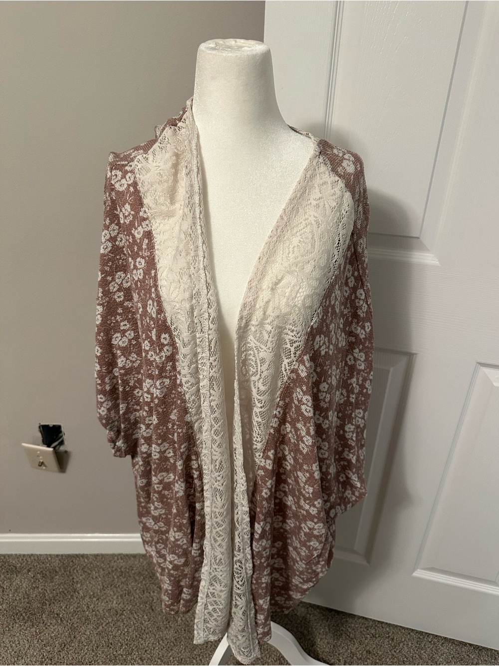 Floral Lace Trim Open Front Kimono - Dusty Rose & Cream